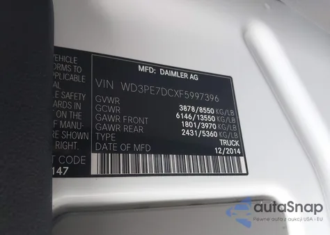 2015 Mercedes-Benz Sprinter 2500 Normal Roof из США, поврежденный, VIN WD3PE7DCXF5997396